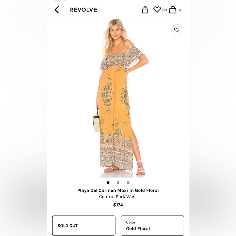 Central Park West New York Maxi Dress. Color Gold Floral (Mustard). S.
